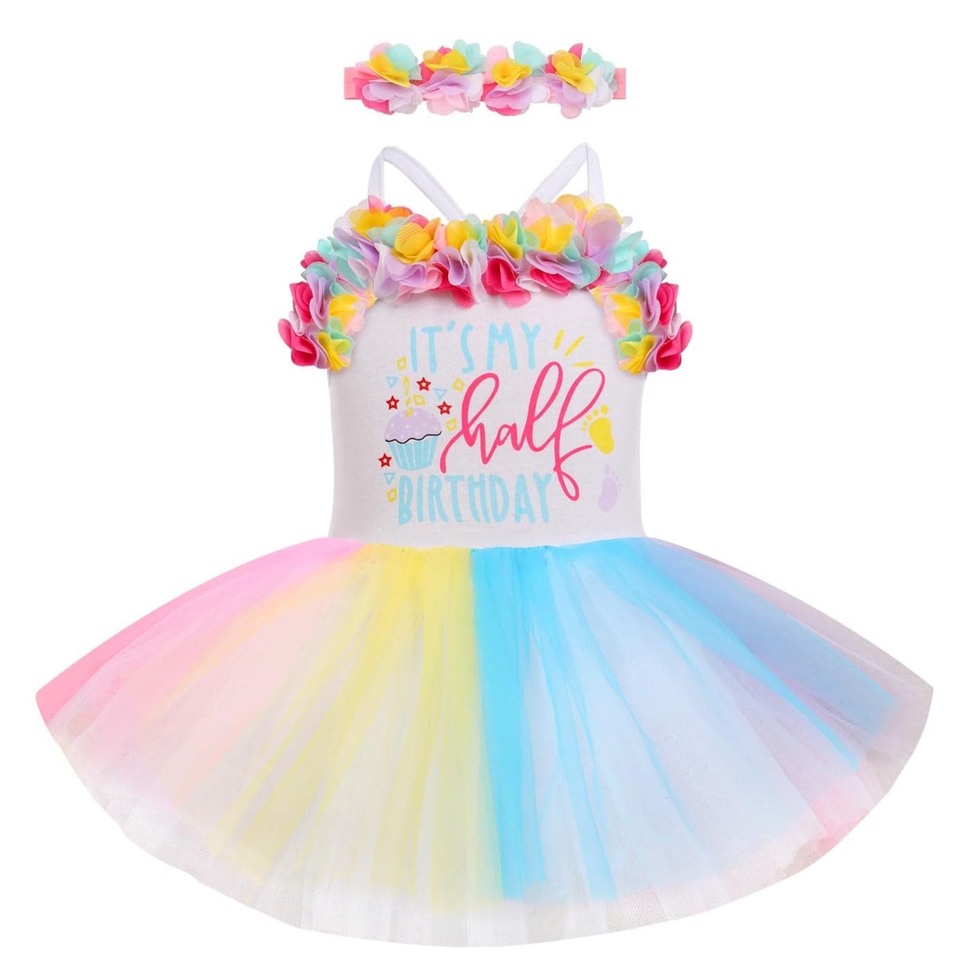 12 Birthday Girl Outfit Infant Half Way to One Party Dress Its My Half Birthday Outfits Girls Princess Tutu Rainbow Tulle Romper Dresses 6 Months Photoshooting Summer Casual Colorful 36 Months