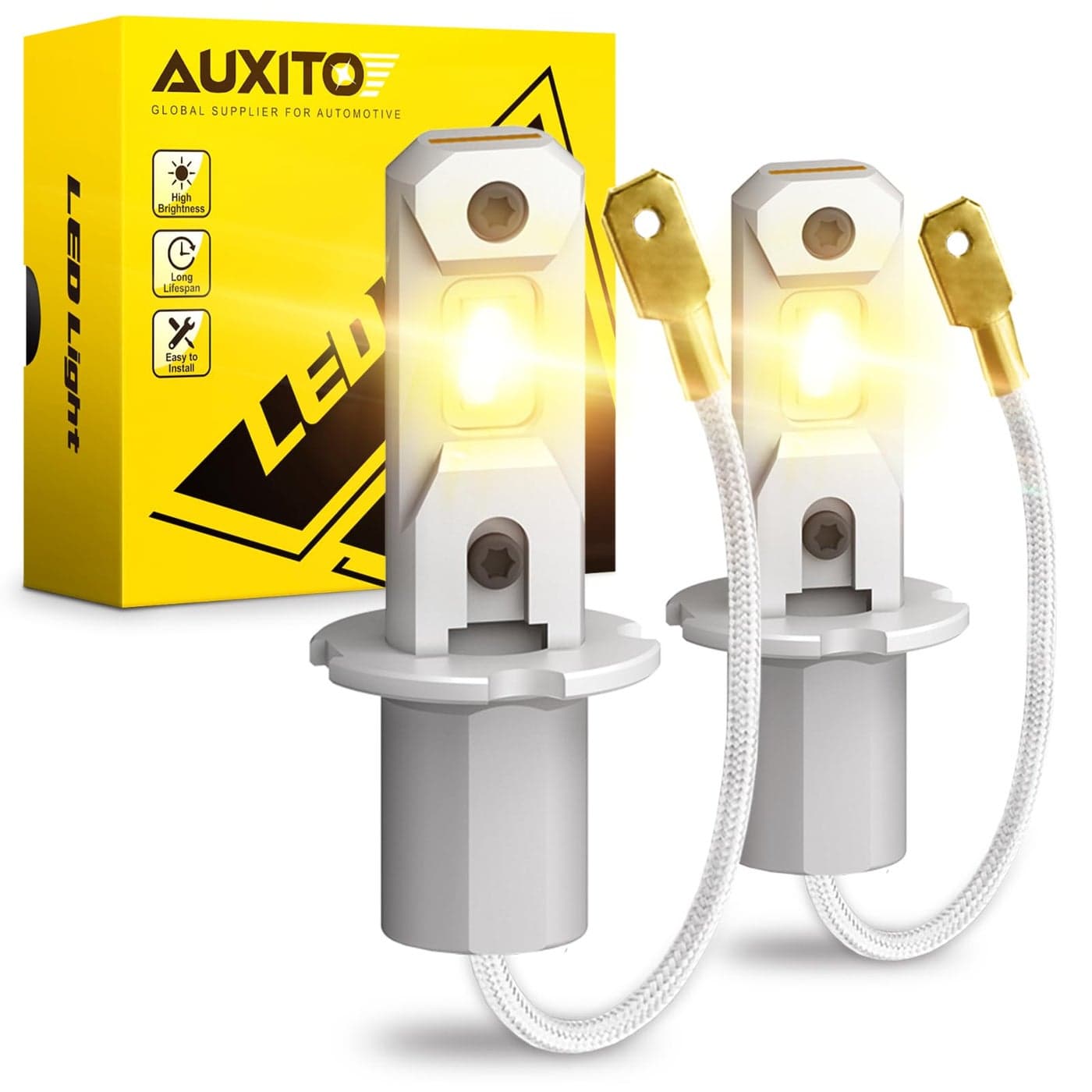 AUXITO H3 LED Fog Light Bulbs 3000K Yellow Super Penetration 11 Mini Size Plug n Play H3ll LED Bulb Light for Fog Lamp DRL Pack of 2