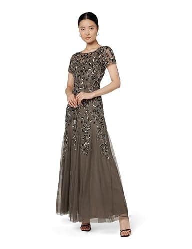Adrianna Papell Women's Floral Beaded Godet Gown, Lead, 10