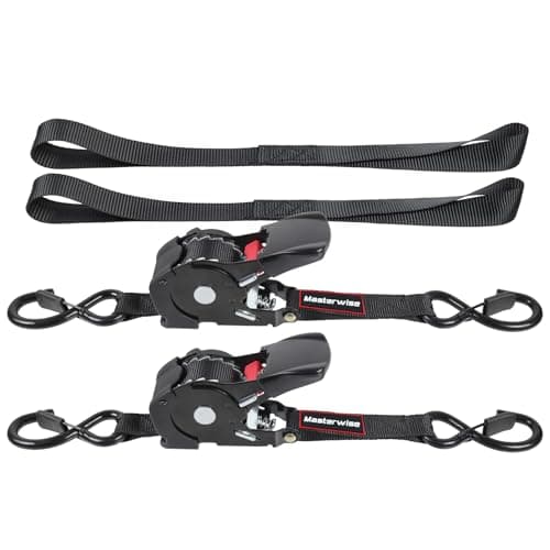 Masterwise 12FT Retractable Ratchet Straps, Motorcycle Tie Down Straps with S Hooks, Self Heavy Duty Ratchet Straps Include Loops for Trucks, Cargo, Motorcycles, Moving and Storage, 2 PCS