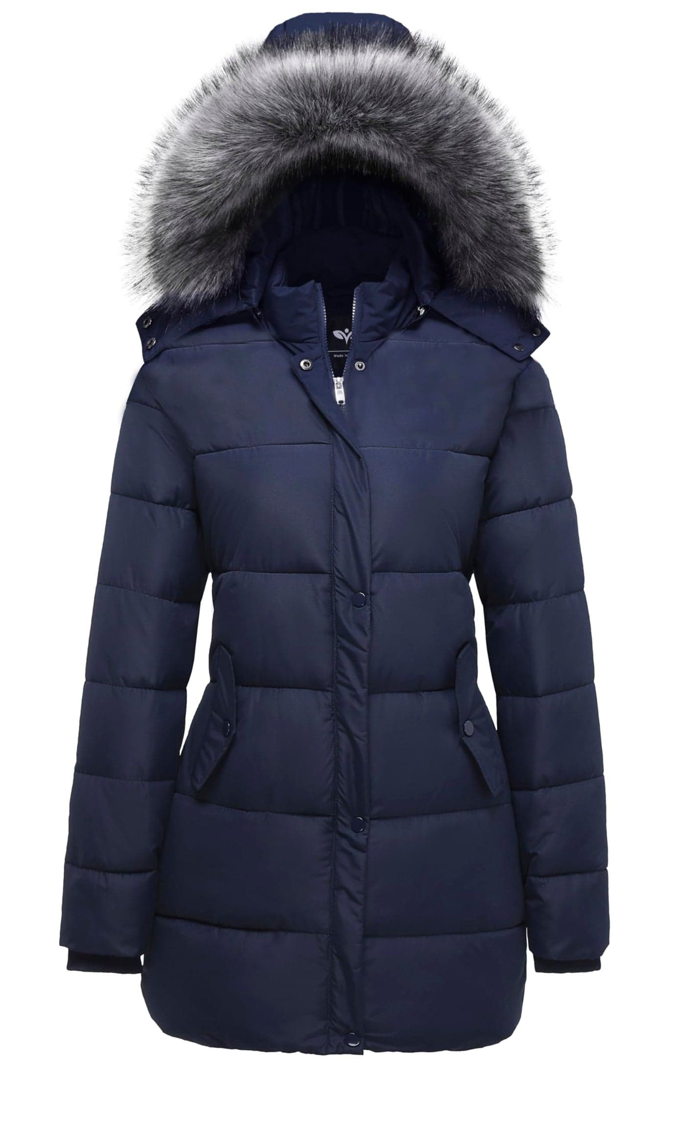 GGleaf Women's Winter Snow Jacket Puffer Coat With Removable Faux Fur Trim and Hood Navy Large