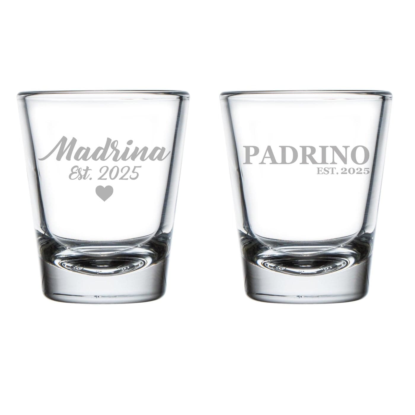 MIP Set of 2 Shot Glasses 175oz Shot Glass Gift Set Madrina Est 2025 And Padrino Est 2025