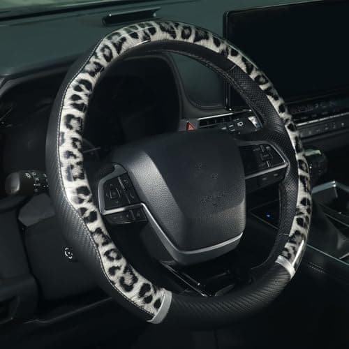 KAFEEK Glossy Leopard Print Steering Wheel Cover, 15 inch Carbon Fiber Texture Car Accessories for Women, Cheetah Pattern, Non-Slip Microfiber Leather, Universal Fit for SUV/Sedan, Black