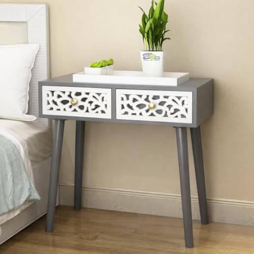 LIVINGLOOM End Table, Drawer Dresser for Bedroom,Side Table with Drawer, Bedside Furniture, Night Stand, MDF End Table with 4 Wooden Legs for Bedroom,Living Room (Grey White)
