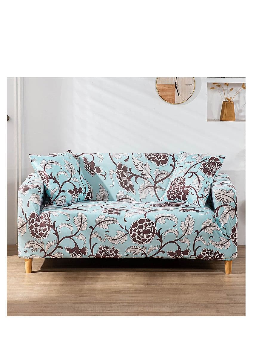 4-Seater Exquisitely Floarl Designed Wrinkle-free Anti-slip 360-degree Full Coverage Sofa Slipcover Beige/Blue Length Stretch From235 To300cm