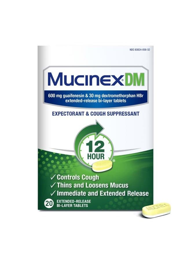 DM 12Hr Chest Congestion & Cough Medicine For Adults, Cold And Cough Medicine for Excess Mucus Relief, 600 mg Guaifenesin & 30 mg Dextromethorphan HBr, 20 Bi-Layer Tablets