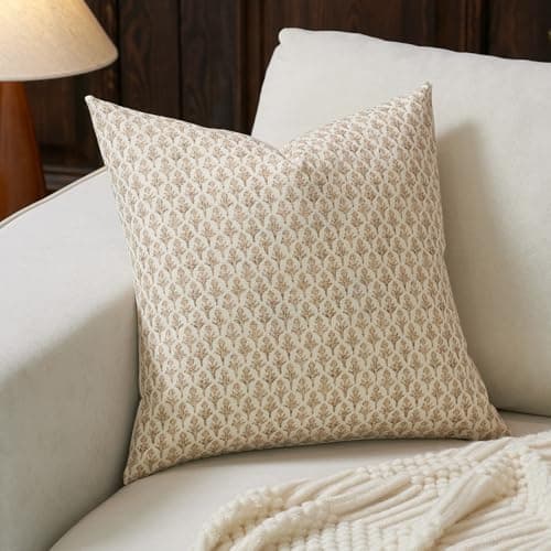 FIOUOVO Floral Pillow Covers 18x18 Pillow Cover Block Print Couch Pillows for Living Room Decorative Neutral Accent Throw Pillow Covers, 1PC, Cognac Brown