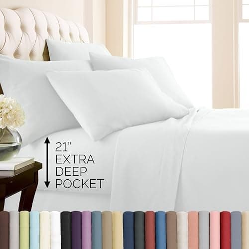 Southshore Fine Living, Inc. 6 Piece King Sheets Deep Pocket Set, 21-Inch Deep Pocket King Sheet Set, Full Elastic Fitted Sheet, Oversized Flat, 4 Pillow Cases, White Bedding, White Sheets