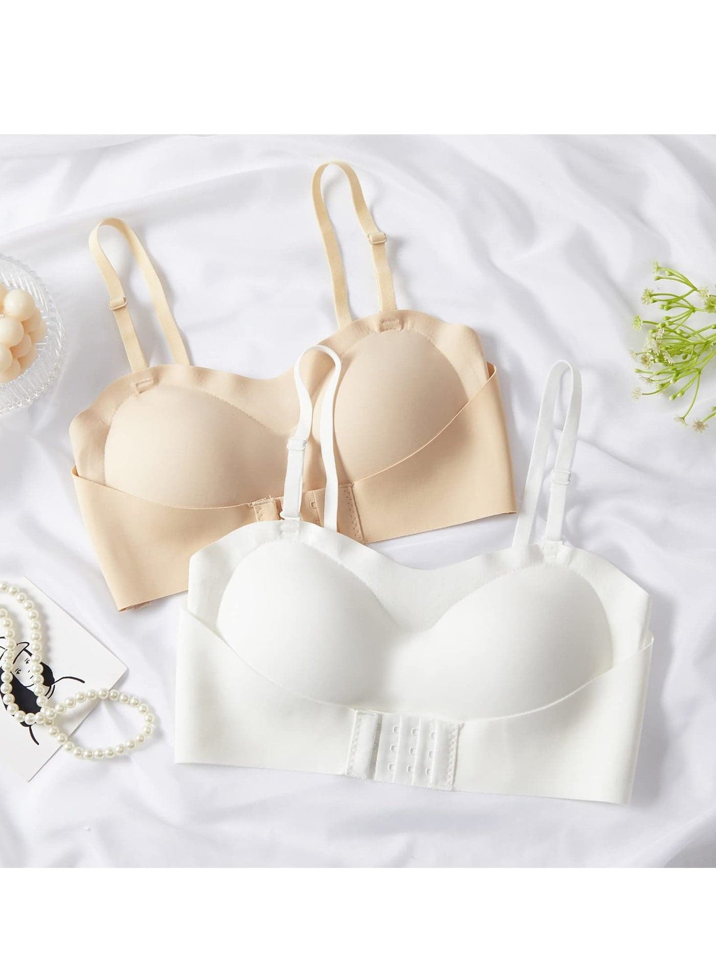 2Pcs Women's Strapless Tube Top Underwear Without Steel Ring Push Up Bra Beige/White