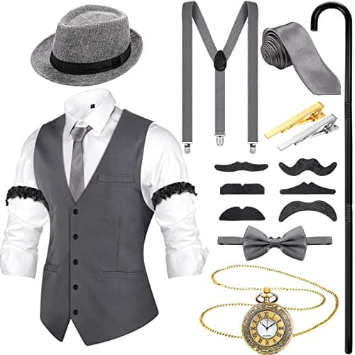 Hercicy 1920s Mens Costume Set, Gangster Vest Hat Suspenders Vintage Pocket Watch Halloween Cosplay Accessories(X-Large,Gray)