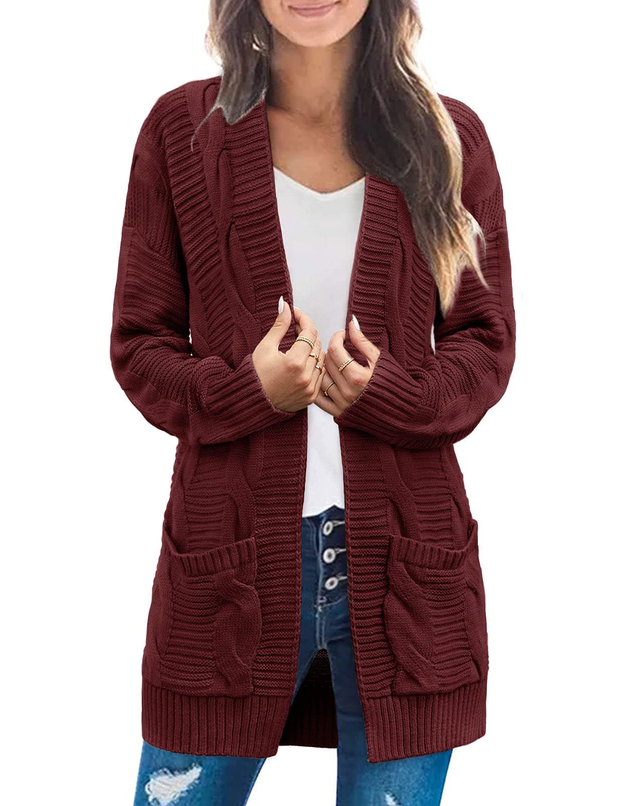 MEROKEETY Womens 2025 Long Sleeve Cable Knit Cardigan Sweaters Open Front Fall Outerwear Coat Pockets Wine Medium