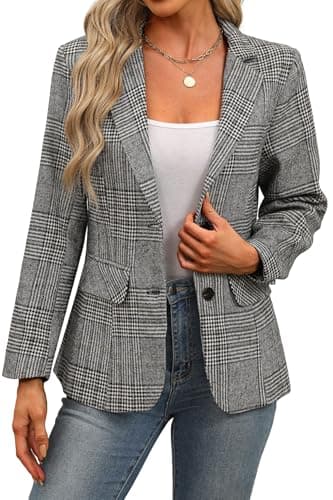 ELLEVEN Womens Casual Plaid Blazer Lapel Collar Double Button Long Sleeve Boyfriend Blazer Suit Houndstooth Plaid Blazer Jacket Business Work Office Blazer Suits Black Plaid X-Large
