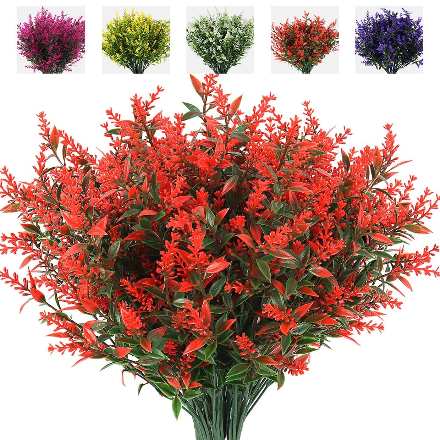 RECUTMS Artificial Lavender Flowers Plants 8 Bundles UV Resistant Faux Outdoor Plastic Greenery Shrubs Plants Hanging Planter Kitchen Home Wedding Office Garden Decor Orange Red
