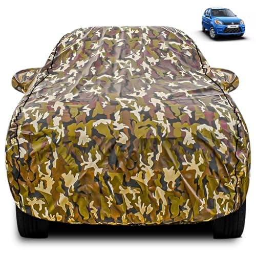 FABTEC Car Body Cover for Maruti Alto 800 Jungle Print with Soft Cotton Lining Waterproof Car Cover UV & Rain Protection with Mirror Pocket Bottom Elastic (Military/Camouflage Pattern)