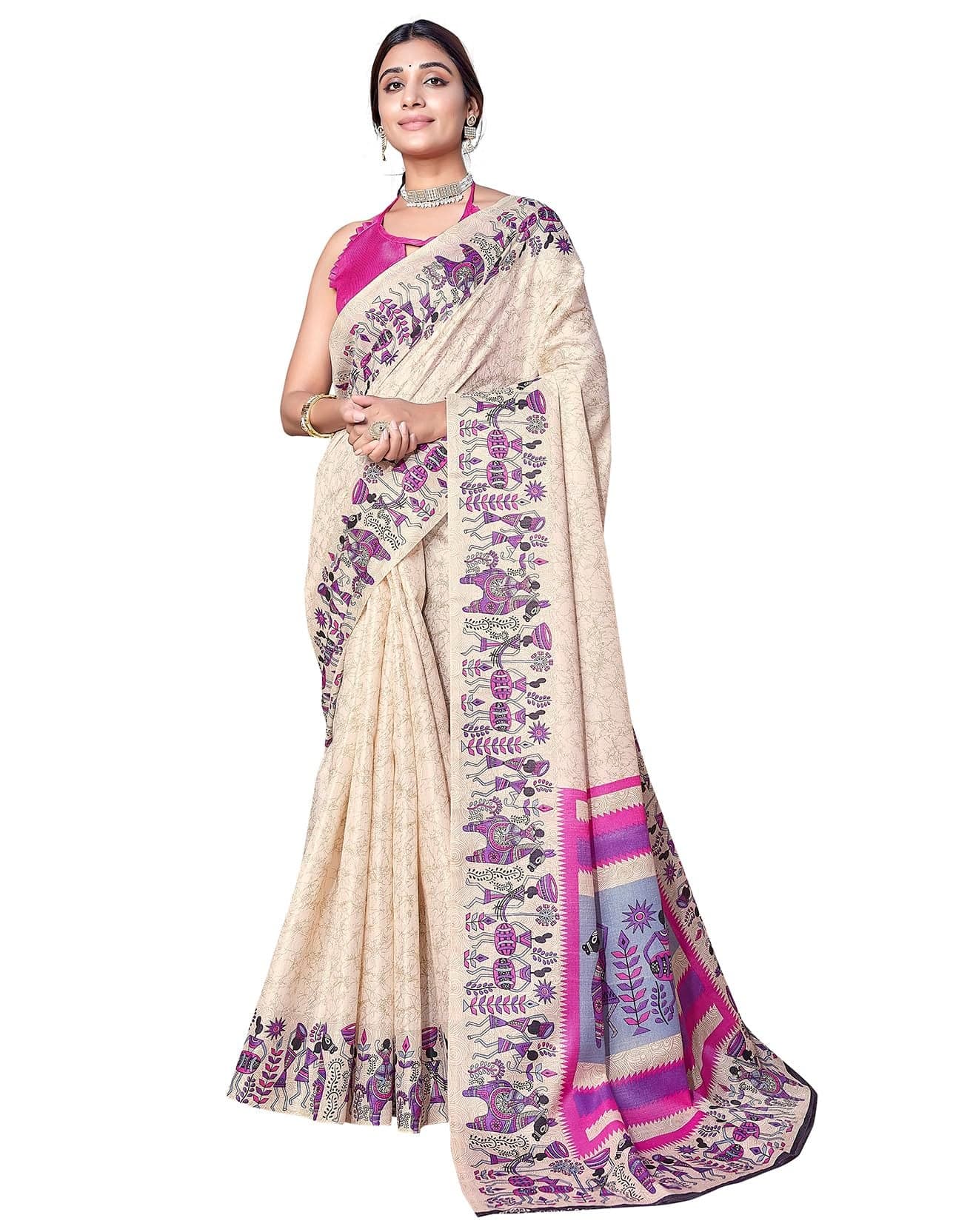 Yashika Women's Elegant Printed Art Silk Saree Set with Blouse - Elevate your style with this trendy and vibrant silk saree ensemble, perfect for any occasion. (AZ-YS-P1-VIVO PINK)