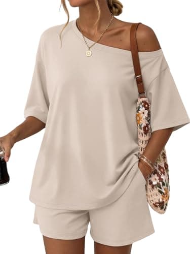 Trendy Queen Womens 2 Piece Summer Shorts Set Off The Shoulder Oversized Tops Lounge Matching Two Piece Spring Beach Vacation Outfits 2026 Sweatsuits Khaki M