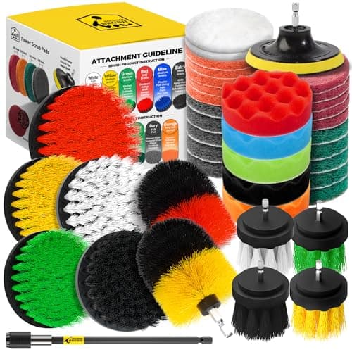 Holikme 40 Piece Drill Brush Attachment Set Scrub Pads Scouring Pads Power Scrubber Brush with Extend Long Attachment All Purpose Clean for Car Detailing,Grout, Tiles, Bathroom, Kitchen