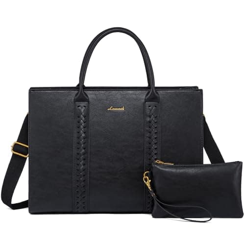 LOVEVOOK Laptop Bag for Women Vintage Leather Work Bags Professional Computer Bag Laptop Tote Bag Business Handbag Office Briefcase Large Shoulder Purse Black