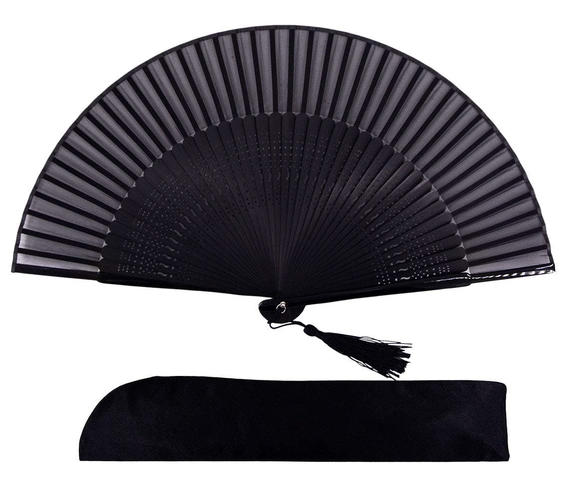 Amajiji 82721cm Hand Held Bamboo Silk Folding Fan Hand FanChineseJapanese Charming Elegant Vintage Retro StyleWomen Ladys Girls Best Gifts Black2