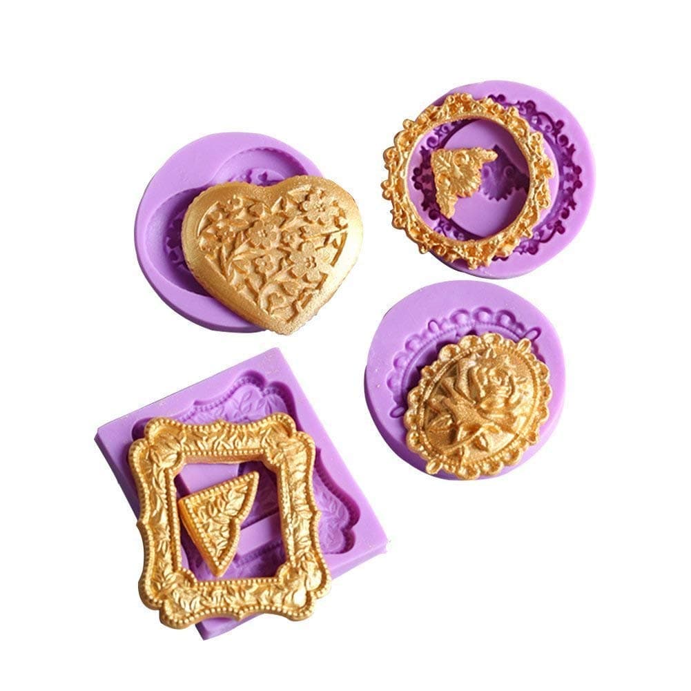 Anyana mini wedding rose corner mirror picture frame heart round square oval mould cake Fondant silicone gum paste chocolate mold for Sugar paste cupcake decorating topper decoration sugarcraft set 4