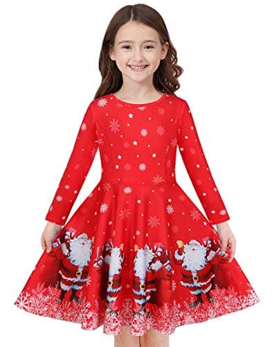 Quedoris Girls Dress Christmas Printed Casual Party Twirly Dress Santa's Gift XL
