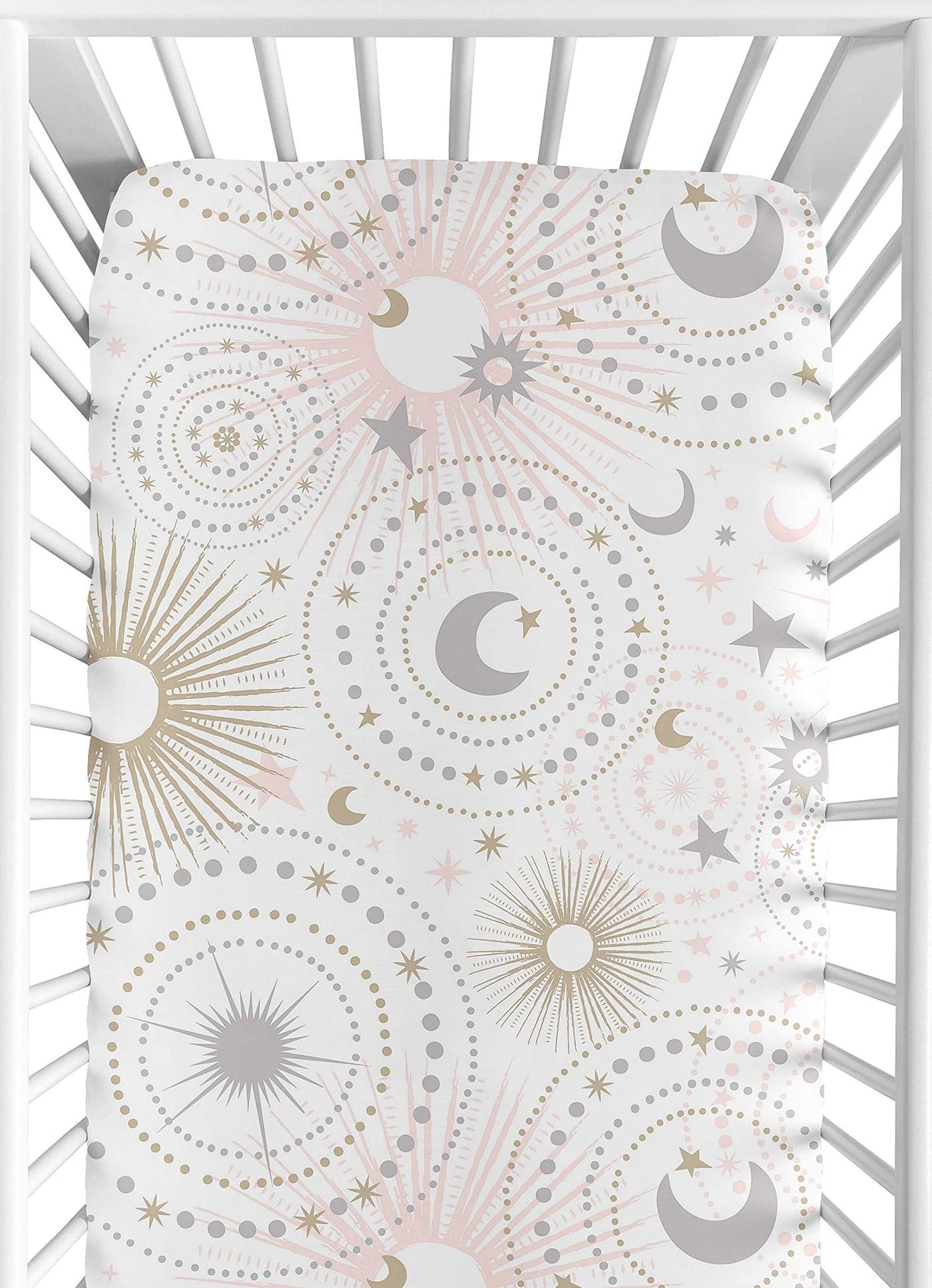 Sweet Jojo Designs Star and Moon Girl Baby Fitted Crib Sheet for Infant Newborn Nursery Toddler Bed Room Standard Mattress Blush Pink Gold and Grey Celestial Sky Stars Shabby Chic