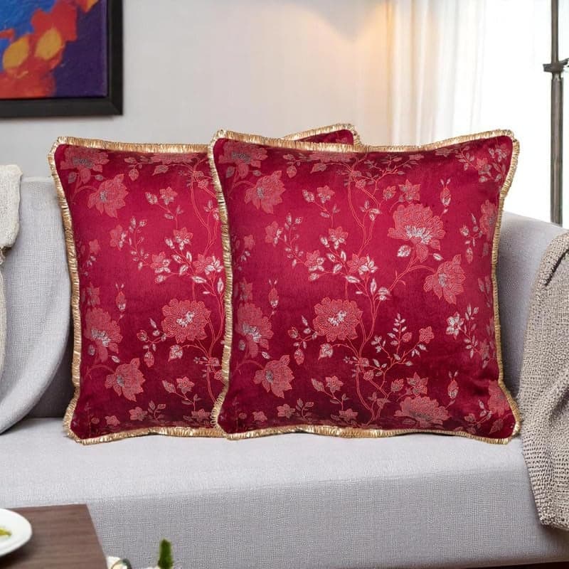 Vendola Velvet Jacquard Decorative Floral Cushion Cover 18 Inch x 18 Inch with Shimmering Glitter Design & Lace Border, Festive Design (18X18 Inches, Mehroon Red, Set of 2)