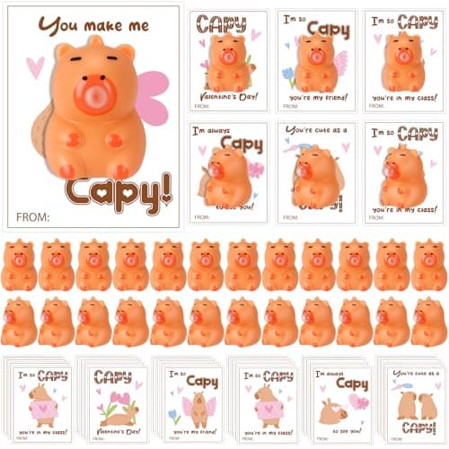 24 Set Valentines Day Gift Bulk Capybara Stress Balls Fun Relief Fidget Squeeze Toys with Positive Cards Mini Animal Desk Decor Capybara Party Favors for Office Teacher AdultsSpit Bubbles