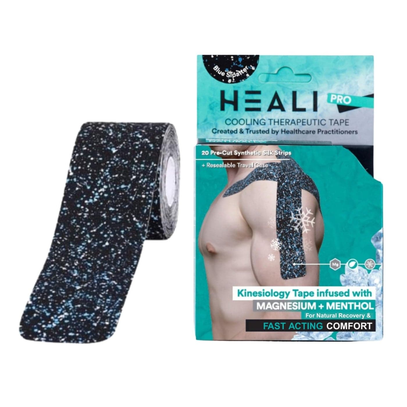 Heali Kinesiology Tape with Magnesium and Menthol 20 Pcs Precut Strips K Tape Roll Knees for Physical Therapy Sports Muscles and Joints Water Resistant Blue Splatter