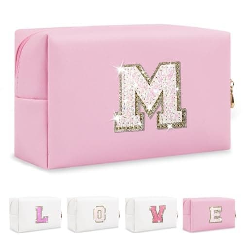 Small Personalized Initial A-Z Patch Makeup Bag,Pink Cute PU Leather Glitter Letter Cosmetic Bag for Teen Girls,Travel Toiletry Bag with Zipper,Preppy Monogrammed Birthday Gift for Daughter Niece M