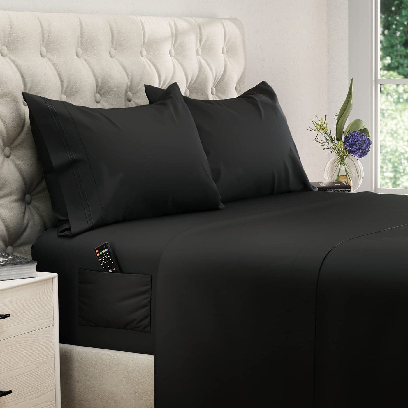 DREAMCARE California King Sheet Sets 4 pcs Cooling Sheets up to 21 Deep Cal King Sheets Hotel Luxury Pillowcases Superior Softness 100 Fine Microfiber with Side Pocket Black