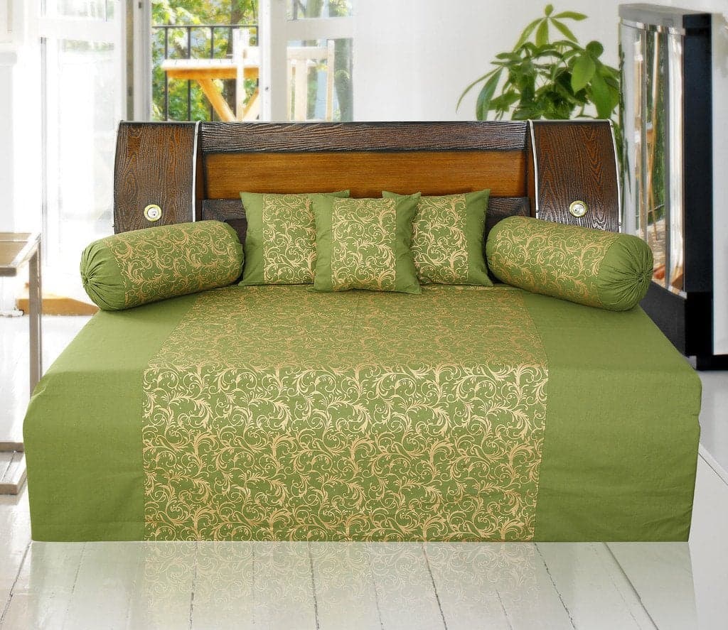 Dekor World Gold Printed Cotton Green Diwan Set (Pack of 6)
