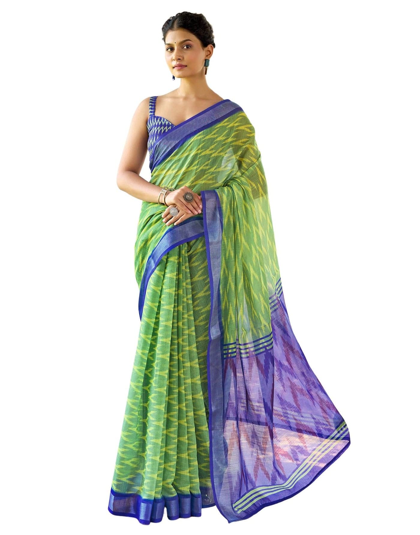 SIRIL Women's Cotton Linen Ikkat Printed Saree With Unstitched Blouse Piece (4409S453_Olive Green)