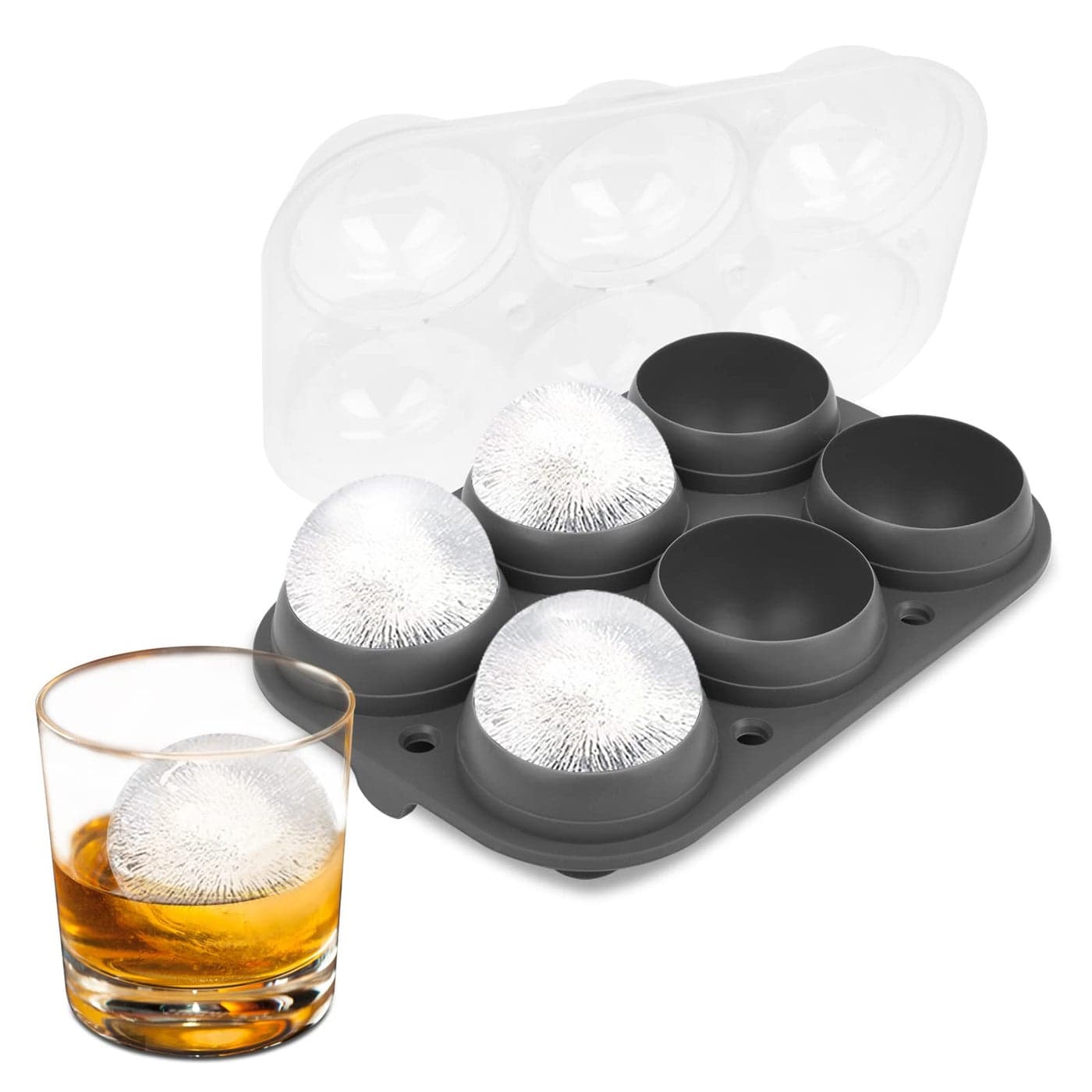 Samuelworld Large Ice Ball Maker with Lid 6 x 25 Inch Ice Balls Food Grade Easy To Fill Round Silicone Ice Tray Perfect Spheres Craft Ice Maker for Whiskey Cocktails Gifting Grey
