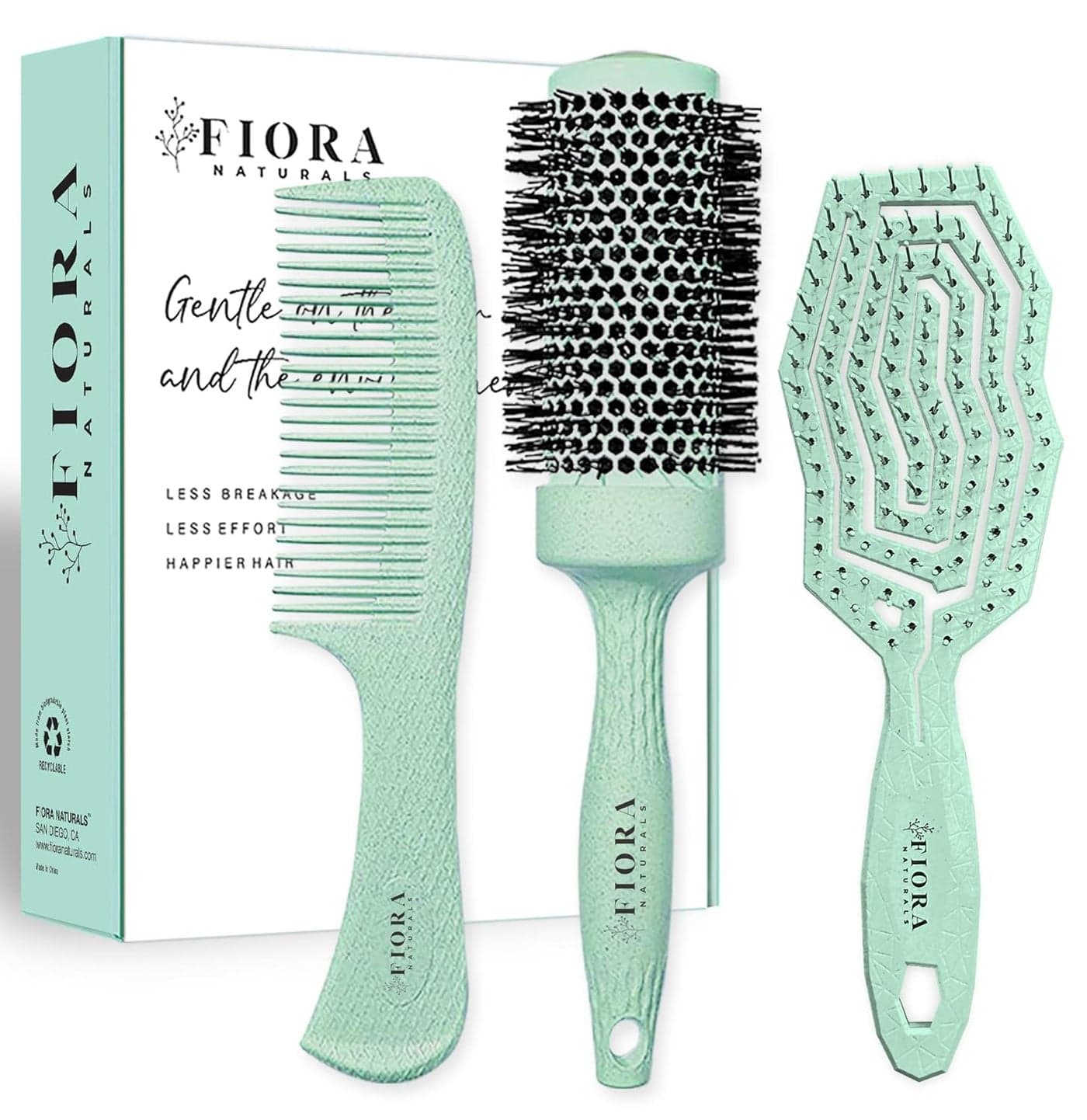Fiora Naturals Hair Brush Set Detangler Round Brush and Comb for Women Biofriendly Brushes for All Hair Types including Natural Fine Curly Ideal for Detangling and Blow Drying