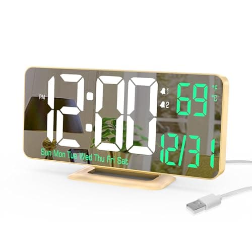 KOSUMOSU Desk Clock for Bedroom Accessories 67in Gold Digital Alarm Clock with Dimming1224h Date Day of Week Temp LED Clock Modern Digital Calendar Clocks for Living Room Essentials