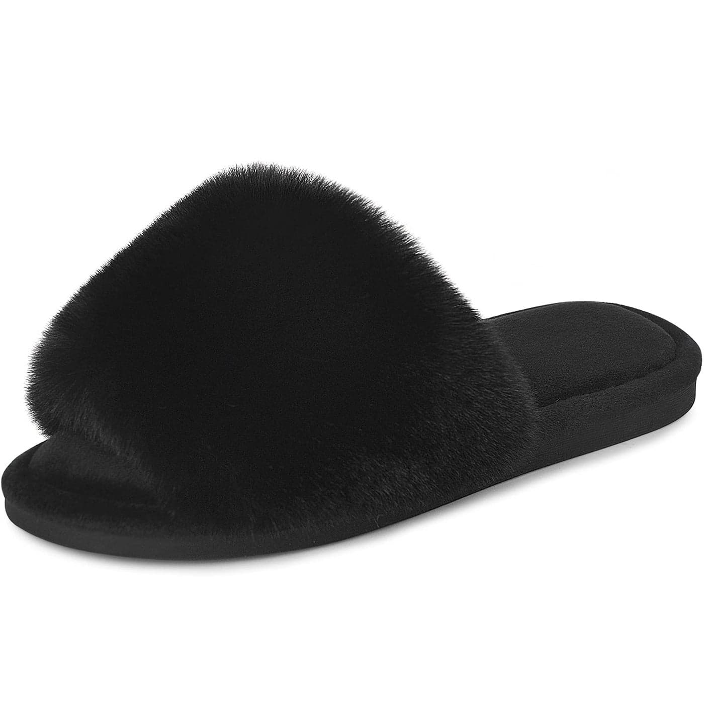 Parlovable Women's Faux Fur Slippers Fuzzy Flat Spa Fluffy Open Toe House Shoes Indoor Outdoor Slip on Memory Foam Slide Sandals Black 7-8