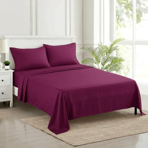 Trance Home Linen 100% Cotton 200 TC Satin Stripe King Size Bedsheet with 2 Pillow Covers | Fade-Resistant, Soft & Hypoallergenic |Flat Bedspread for King Size Mattress - (108 x 108 inch, Deep Wine)