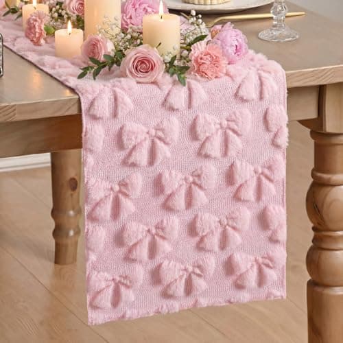Breling Pink Bow Table Runner Coquette Room Decor Bedside Cute Dresser Scarf Faux Fur Soft Coquette Bow Table Cover for Birthday Baby Shower Party Kitchen Dining Desk Decoration, 12" x 72"
