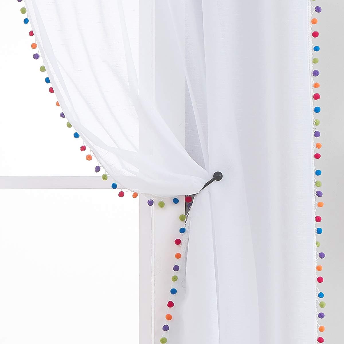 Treatmentex Sheer White Curtains with MultiColor PomPom Sheer Curtains for Toddler 84 Long Linen Textured Decorative Nursery Room Window Drapes 52 w 1Pair