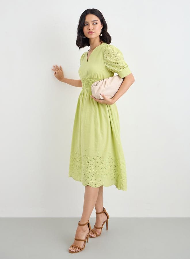 Women Green Schiffli V Neck A-Line Mid Dress