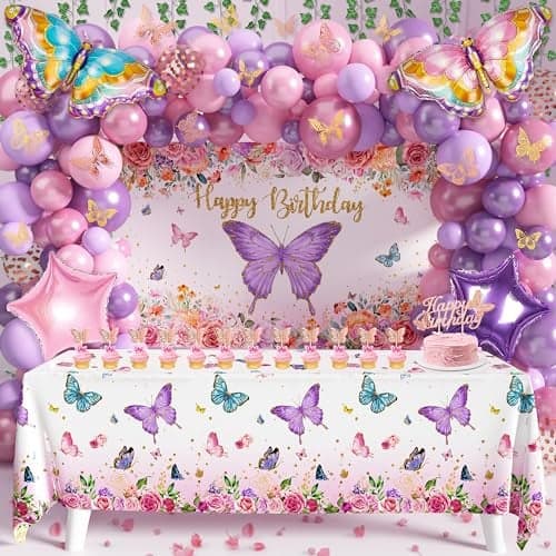 Butterfly Birthday Decorations Party Supplies for Girls Women with Pink Purple Balloon Arch Kit Backdrop Tablecloth Butterfly Wall Decor Foil Balloons Cake Toppers