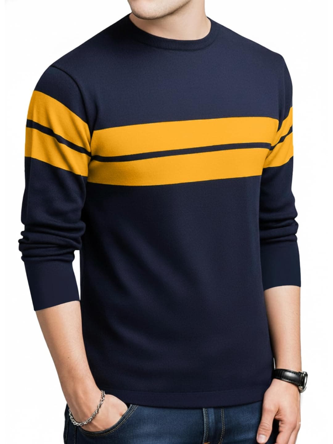 LEOTUDE Men's Regular Fit Cottonblend Full Sleeve Round Neck T-Shirt (18ALL_P_Navy_3XL)