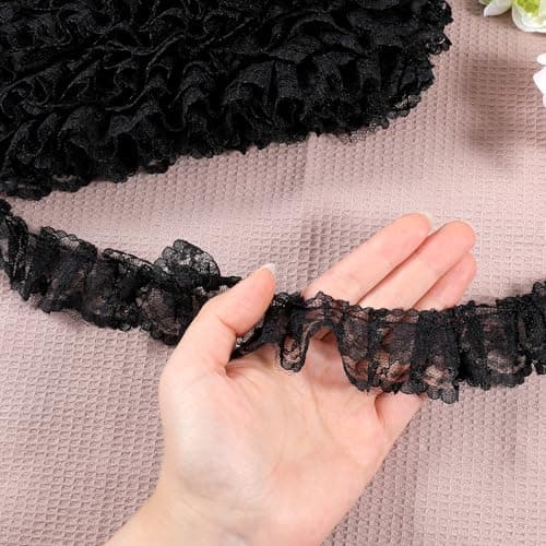 10 Yards Black Lace Ruffle Trim for Crafts Layer Pleated Net Lace Edge Embroidered Sewing Ribbon Edging Trimmings Fabric for Wedding Bridal Dress Present Wrapping Decoration Width 138
