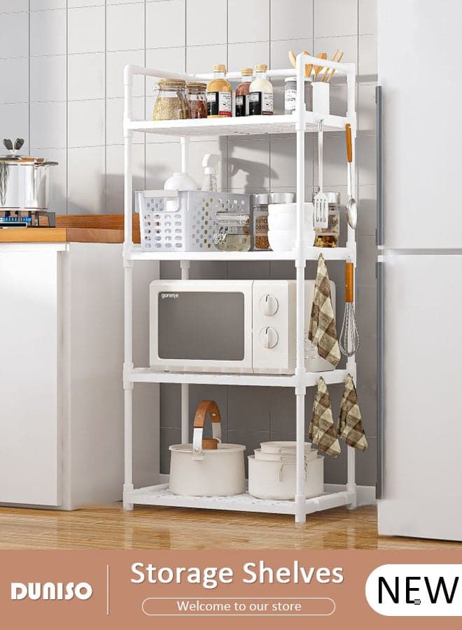 4 Tier Storage Shelves, Stable Kitchen Shelf Organizer, Storage Rack with Armrests, Removable Free Standing Rack with Hooks, Multipurpose Rack, Shelving Unit for Laundry Room,Living Room,Garage,Pantry,Study Room