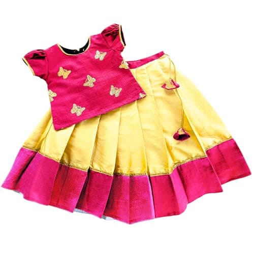 Stanwells Kids Lehenga Choli For Girls Ruffle Pattern Traditional Dress Ethnic Wear For Baby Girls Golden Butterfly Embroidered Lehenga For Kids South Indian Lehenga for Baby Girl (Pink 4-5 Years)