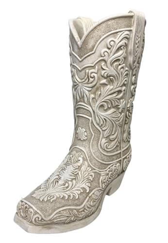 Cowgirl Boot Flower Vase 9 Tall Antique White Finish with Intricate Tooled Leather Detailing Decorative Western Cowboy Modern Rustic Decor