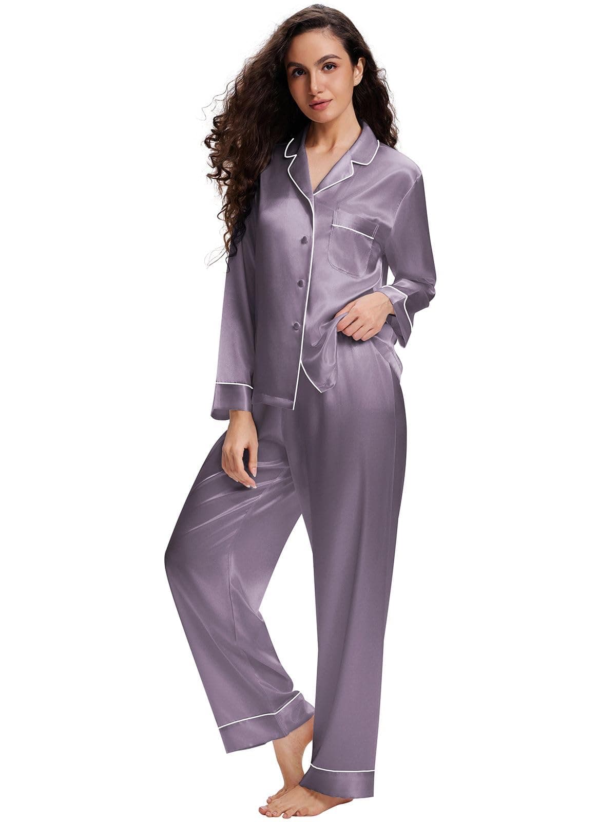 Lonxu Womens Silk Satin Pajamas Set Gray3XL Grey
