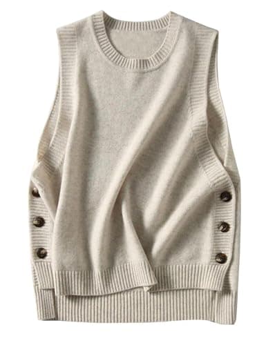 HangNiFang Women's Round Neck Sleeveless Pullover Ribbed Knit Sweater Vest Top (0199-BeigeX1-M)