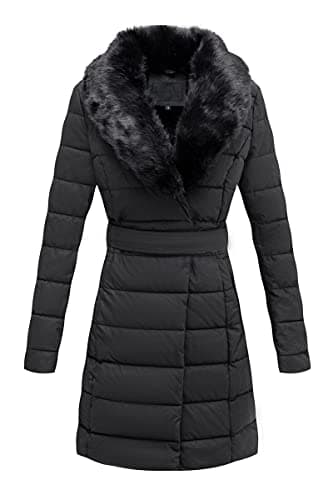Bellivera Womens Winter Puffer Jacket ColdResistant Patchwork Plush Lining Coat with Removable Fur Collar Hooded and Belted 5527 BLACK M